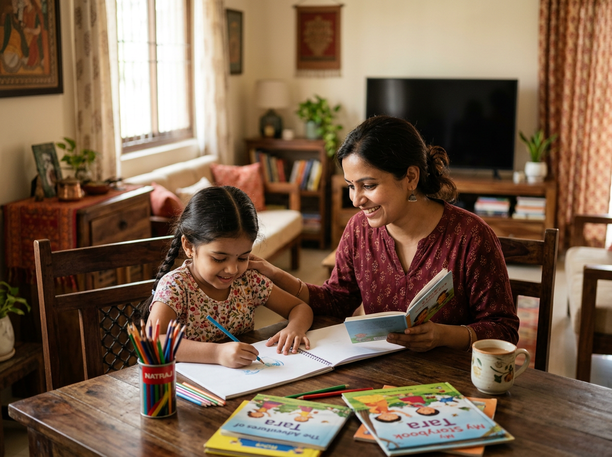 Indian parent and child drawing together at a table with the television turned off in the background