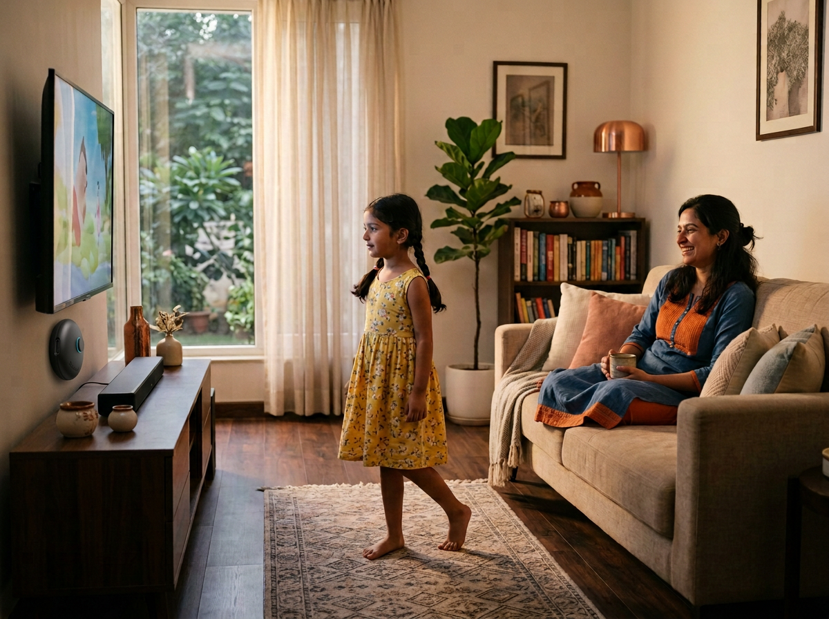 Indian child stepping back from a television while a parent stays relaxed