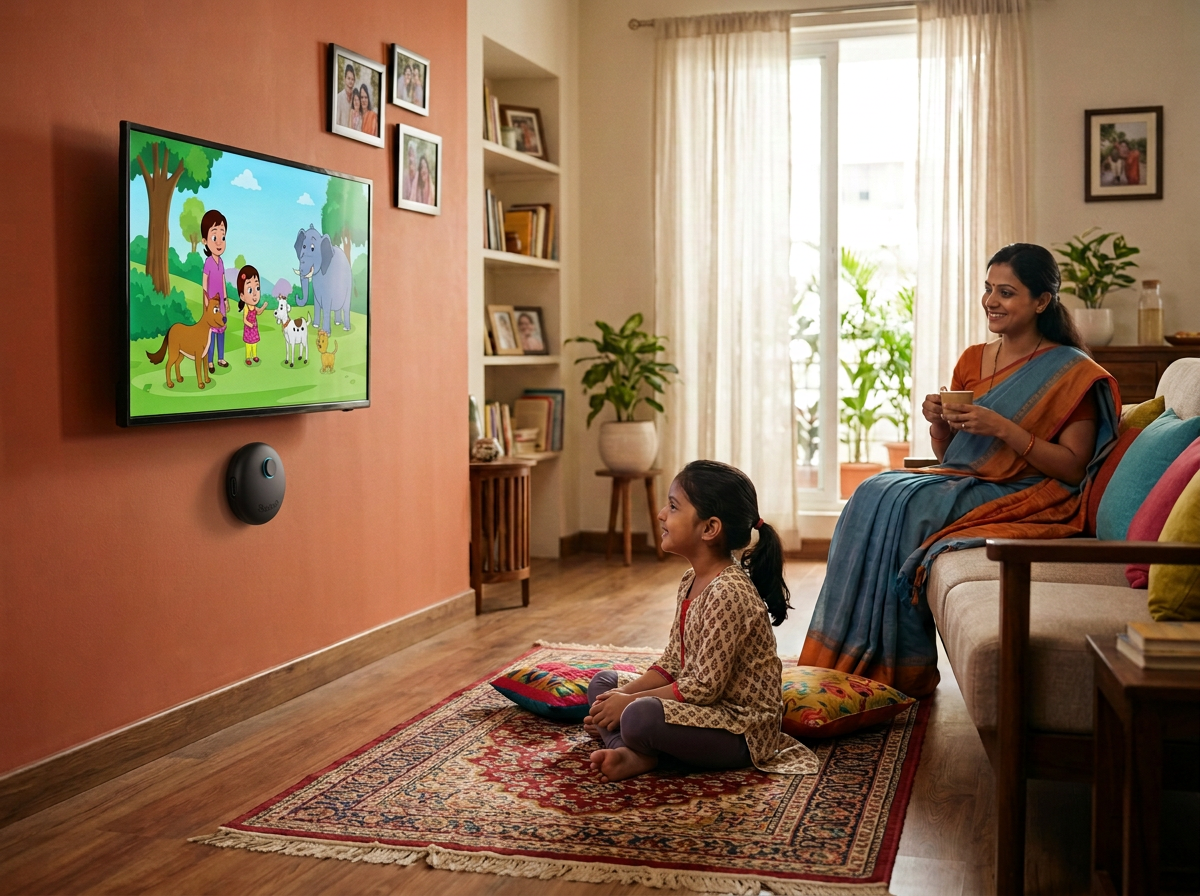 Indian child sitting comfortably away from a television while a parent relaxes nearby